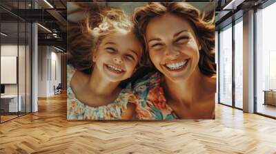 Overhead view of a mother and her daughter laughing happily, Generative AI Wall mural