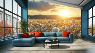 Scenic view of a cotton field with sun light, Generative AI Wall mural