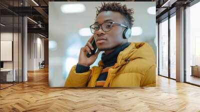 Young entrepreneur taking a phone call in an office lobby, Generative AI Wall mural