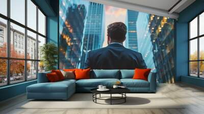 A businessman gazing out from the back, his figure framed by the towering glass structures of a corporate skyline Wall mural