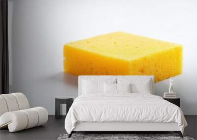 Close-up photograph of a cleaning sponge scrubbing a surface on a seamless white background, realistic style Wall mural