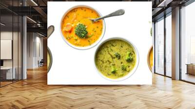 Set of Two bowls of broccoli and cheddar soup side by side, one with a spoon dipped in, isolated on a transparent background Wall mural