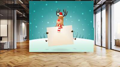 Cute Reindeer jumping with board on winter landscape - Christmas template poster Wall mural