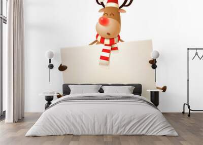 Merry Christmas and happy New Year greeting - Reindeer jumping with board Wall mural