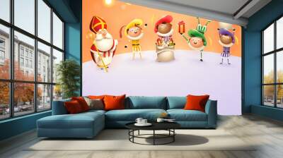 Saint Nicholas and Zwarte Piets celebrate Dutch holidays - orange background with lights - vector illustration Wall mural