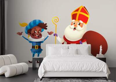 Saint Nicholas or Sinterklaas and friend celebrate Christmas holidays - cute vector illustration isolated Wall mural