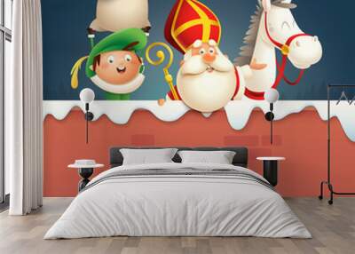 Saint Nicholas or Sinterklaas horse and helper Pete on board - happy cute characters celebrate Dutch holiday on winter wall - vector illustration Wall mural