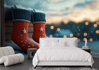 Christmas Stockings on a Snowy Roof. Wall mural