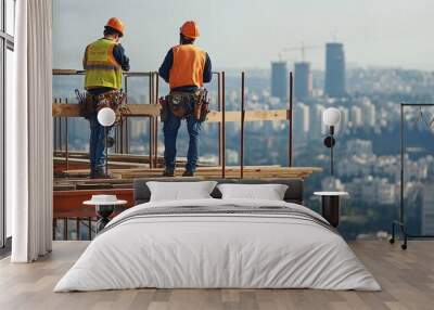 Construction Workers on High-Rise Building Site. Wall mural