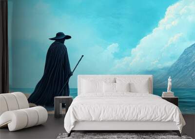 Mysterious Figure on a Beach with a Mountain in the Distance. Wall mural