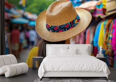 Woman with Straw Hat at Market. Wall mural