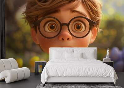 a cute student boy with eyeglasses portrait in cartoon 3D style in the garden Wall mural