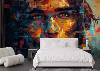 colorful graphic network diagrammatic on face person Wall mural