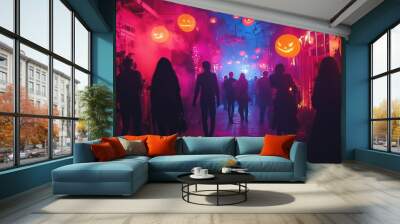 halloween night light on the street with people Wall mural