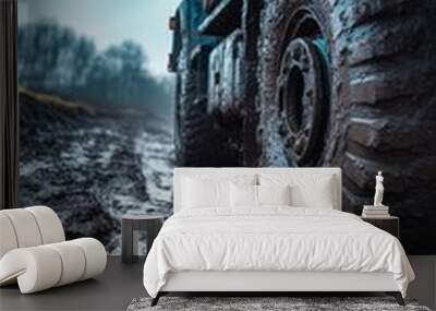 wheel of off road vehicle in mud terrain road Wall mural