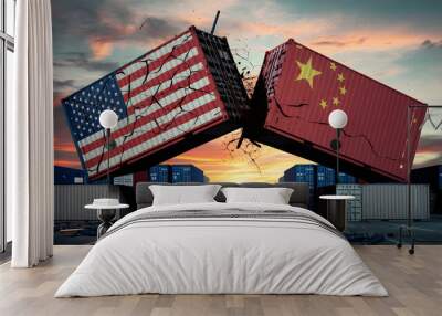 Cracked Container with USA and China Flags Symbolizing Trade War and Economic Conflict Wall mural