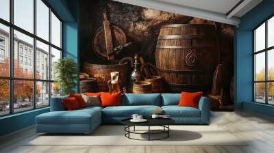 Medieval Beer Brewing Scene with Rustic Wooden Barrels and Traditional Brewing Equipment Wall mural