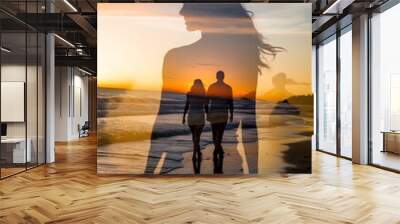 Romantic Silhouette Couple s Sunset Beach Walk Reflection Tranquil Scenic Landscape Wall mural