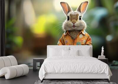 Cute Bunny Wearing a Hawaiian Shirt in a Summer Garden - Funny Animal Stock Photo. Wall mural