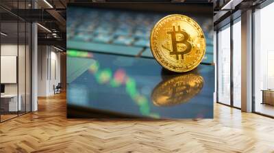 golden bitcoin on notebook background Wall mural