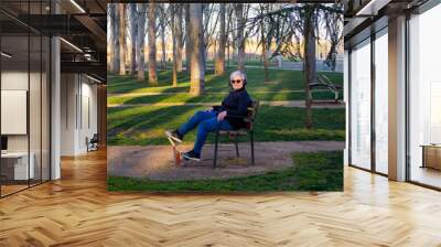 A senior woman with white hair practicing gymnastics in a bio-healthy park Wall mural