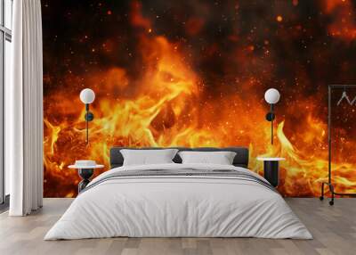 Fire, flames on a black background, burning hot, sparks flying, an orange-red glow, flames, sparks, sparkles Wall mural