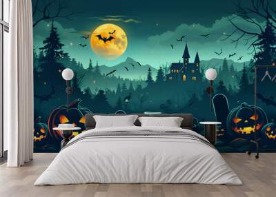 halloween background with pumpkins, halloween night in the woods	 Wall mural