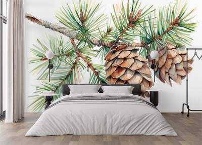 pine cones and needles on white Wall mural