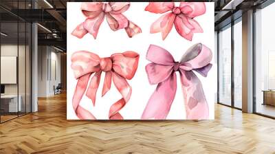 pink bows, watercolor clip art isolated on a white background, Wall mural