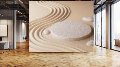 Cosmetic background for product presentation, podium display on Zen circle pattern in sand, 3d rendering. Wall mural