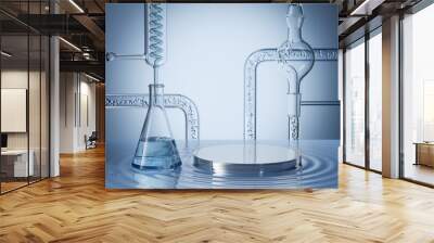 Cosmetic scientific skincare background materials, podium display with glass flask, Laboratory 3d rendering Background. Wall mural