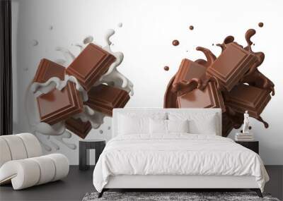 dark chocolate bar icon with milk and chocolate cream splash, 3d illustration. Wall mural