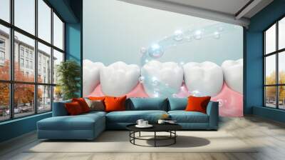 Healthy gums and teeth with fluoride Liquid Bubble Protect and Cleaning. Oral hygiene and Dental concept, 3d rendering. Wall mural