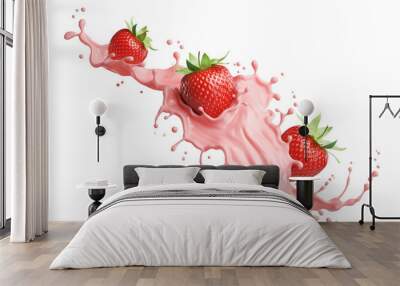 milk or yogurt splash with strawberries isolated on white background, 3d rendering. Wall mural