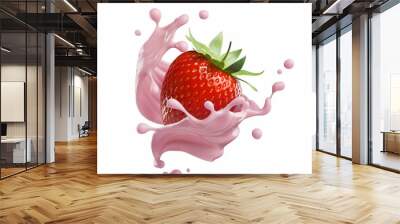 milk or yogurt splash with strawberries isolated on white background, 3d rendering. Wall mural