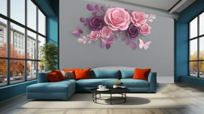 podium display design with paper art pastel color flower abstract background, 3d rendering. Wall mural