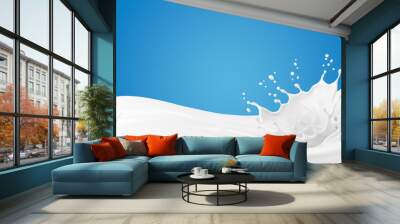 Pouring milk cream with splash on blue background, 3d illustration. Wall mural