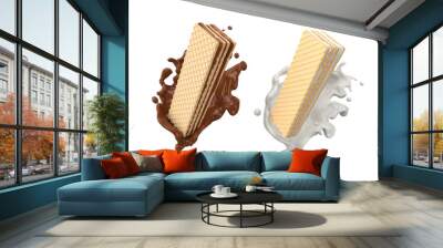 Wafer with chocolate and Milk Splash, Design element with Clipping path 3d illustration. Wall mural