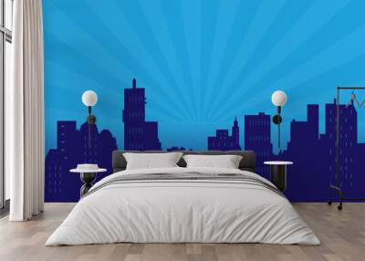 Pop art Sunrise over the modern black silhouette city. Comics book design background. Vector illustration retro style. Wall mural