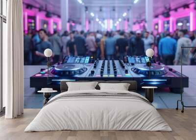 A DJ set up with two turntables and a crowd of people in the background Wall mural