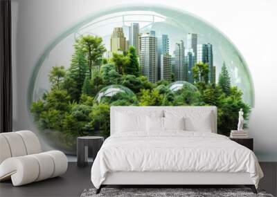 A glass globe with a city inside and a forest on the outside Wall mural