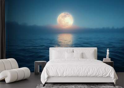 A large moon is reflected in the calm water of a lake Wall mural