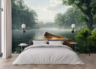 A small wooden canoe sits in a lake surrounded by trees Wall mural