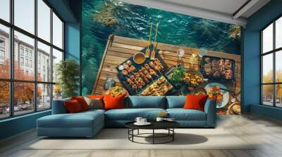 A table full of food is set up on a dock next to the water Wall mural