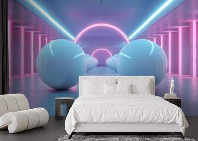 Futuristic neon glowing sci-fi room with large white spheres, pink and blue lights creating a modern and surreal atmosphere. Wall mural