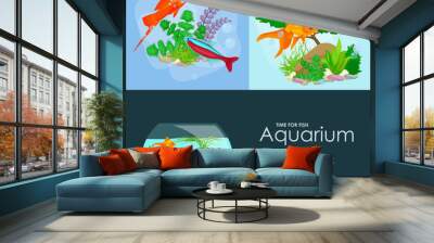 Aquarium fish, seaweed underwater, banner template layout with marine animal Wall mural