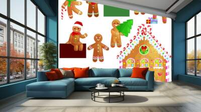 set christmas cookies gingerbread man and girl near sweet house decorated with icing dancing and having fun in a cap with the Christmas tree and gifts, xmas sweet food vector illustration Wall mural