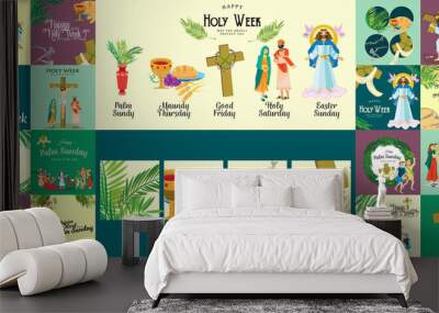 set for christianity holy week before easter, lent and palm or passion sunday, good friday crucifixi Wall mural