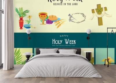 set for christianity holy week before easter, lent and palm or passion sunday, good friday crucifixi Wall mural