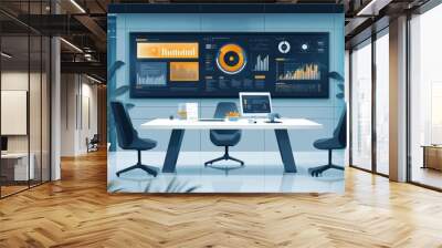 A modern boardroom featuring a digital roadmap for procurement strategy with data analytics screens Wall mural